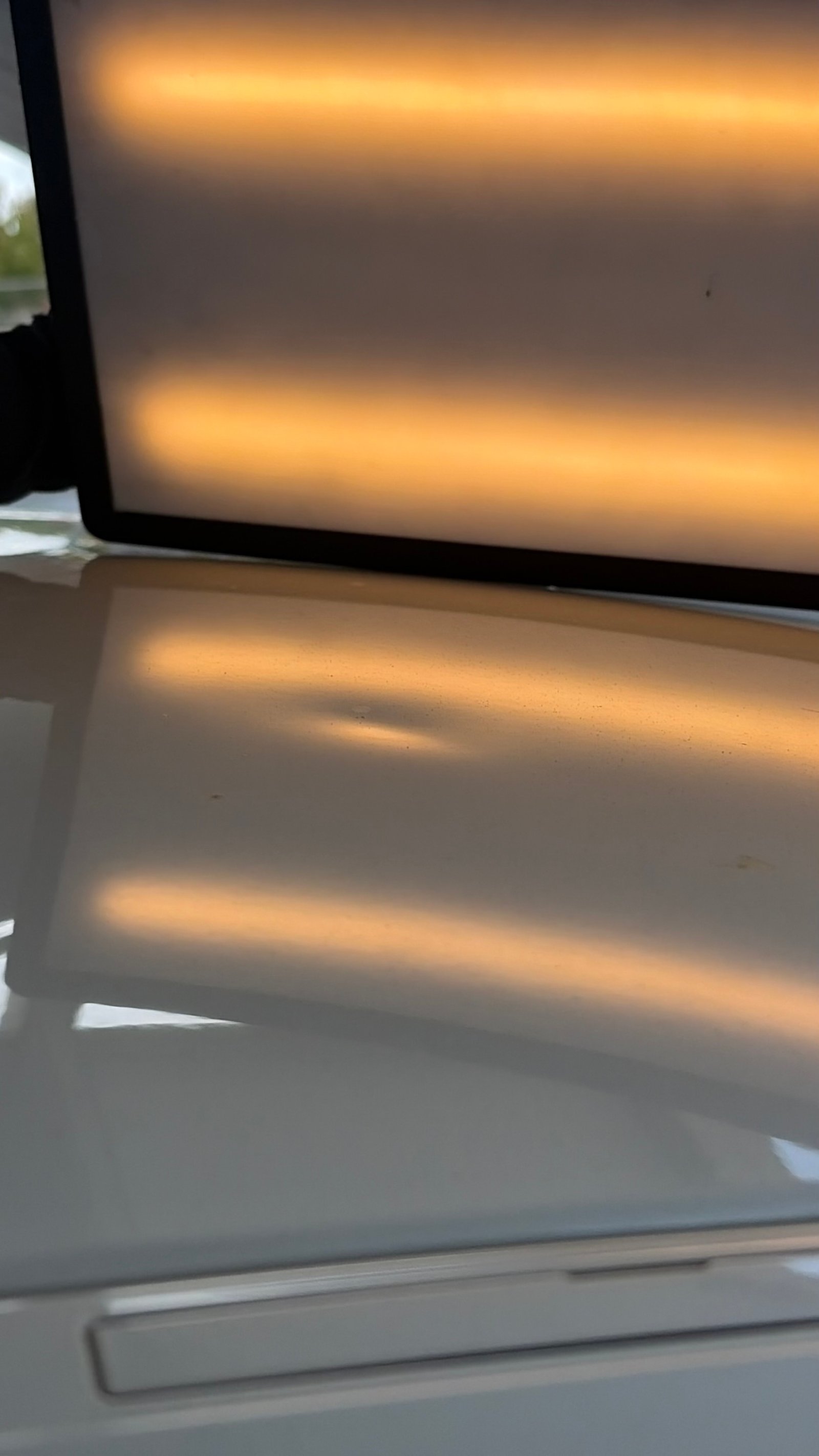 Roof panel before paintless dent repair, photographed with a repair light